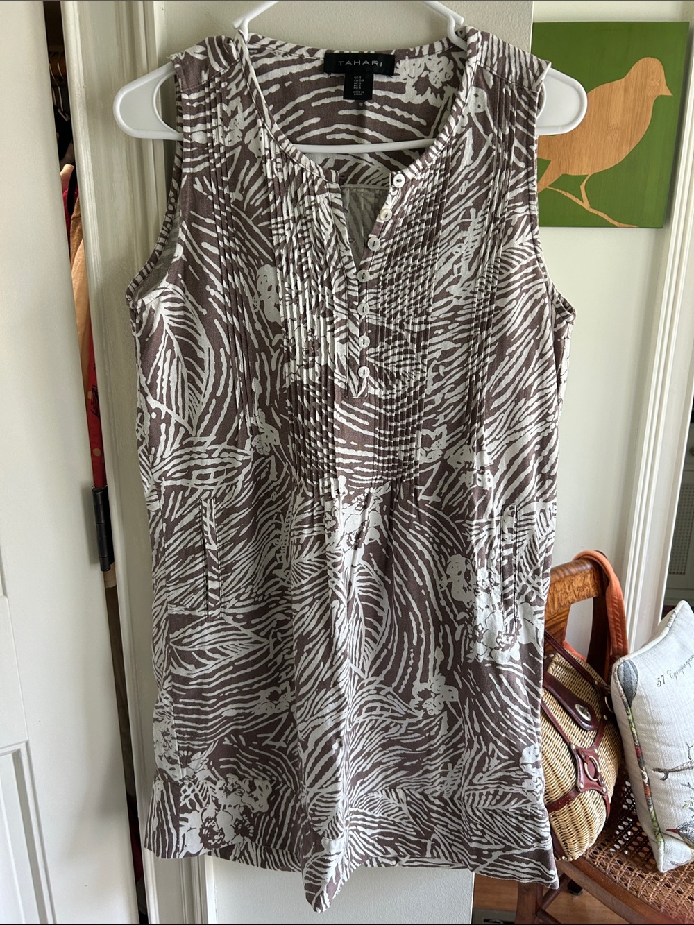 Tahari Taupe and White Sleeveless Pintuck Tunic dress.